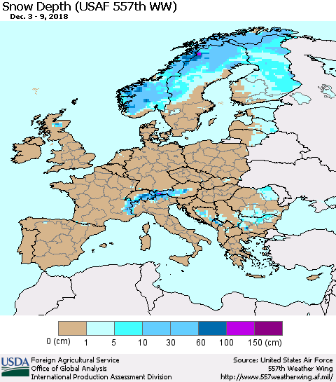 Europe Snow Depth (USAF 557th WW) Thematic Map For 12/3/2018 - 12/9/2018