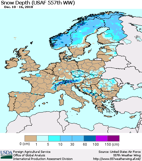Europe Snow Depth (USAF 557th WW) Thematic Map For 12/10/2018 - 12/16/2018