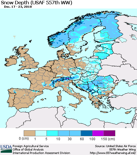 Europe Snow Depth (USAF 557th WW) Thematic Map For 12/17/2018 - 12/23/2018