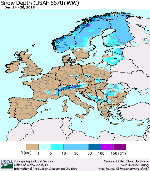 Europe Snow Depth (USAF 557th WW) Thematic Map For 12/24/2018 - 12/30/2018