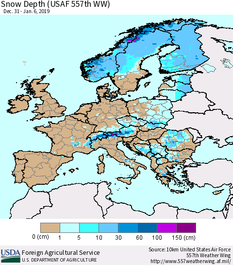 Europe Snow Depth (USAF 557th WW) Thematic Map For 12/31/2018 - 1/6/2019