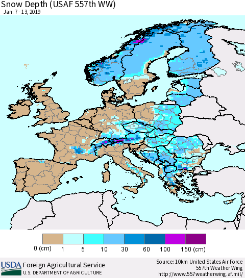 Europe Snow Depth (USAF 557th WW) Thematic Map For 1/7/2019 - 1/13/2019