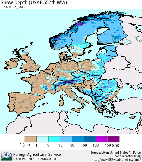 Europe Snow Depth (USAF 557th WW) Thematic Map For 1/14/2019 - 1/20/2019