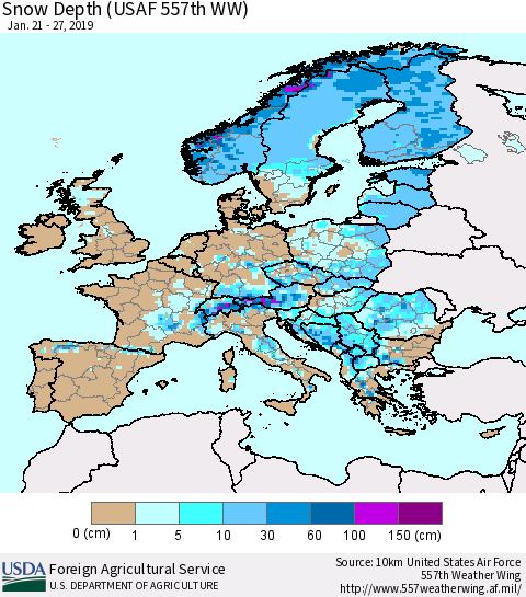 Europe Snow Depth (USAF 557th WW) Thematic Map For 1/21/2019 - 1/27/2019