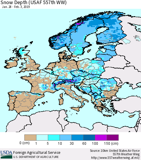 Europe Snow Depth (USAF 557th WW) Thematic Map For 1/28/2019 - 2/3/2019