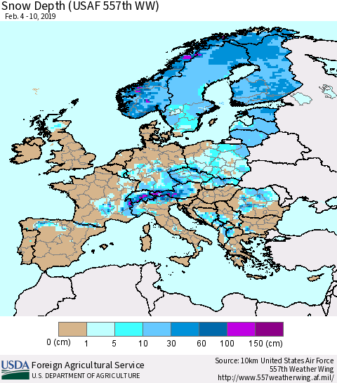 Europe Snow Depth (USAF 557th WW) Thematic Map For 2/4/2019 - 2/10/2019