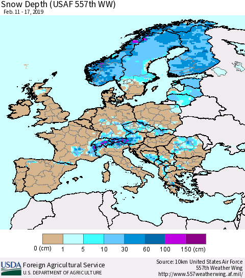 Europe Snow Depth (USAF 557th WW) Thematic Map For 2/11/2019 - 2/17/2019