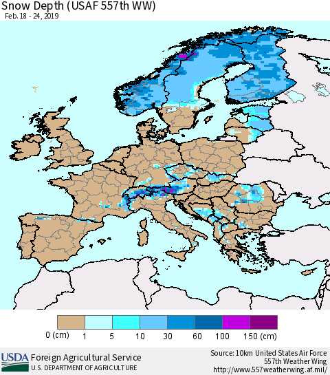 Europe Snow Depth (USAF 557th WW) Thematic Map For 2/18/2019 - 2/24/2019