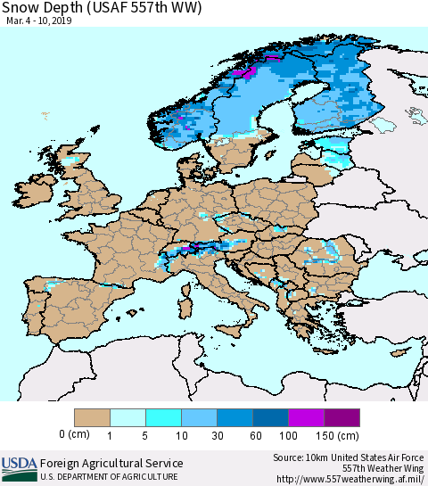 Europe Snow Depth (USAF 557th WW) Thematic Map For 3/4/2019 - 3/10/2019