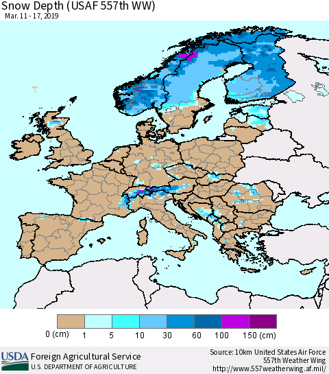 Europe Snow Depth (USAF 557th WW) Thematic Map For 3/11/2019 - 3/17/2019