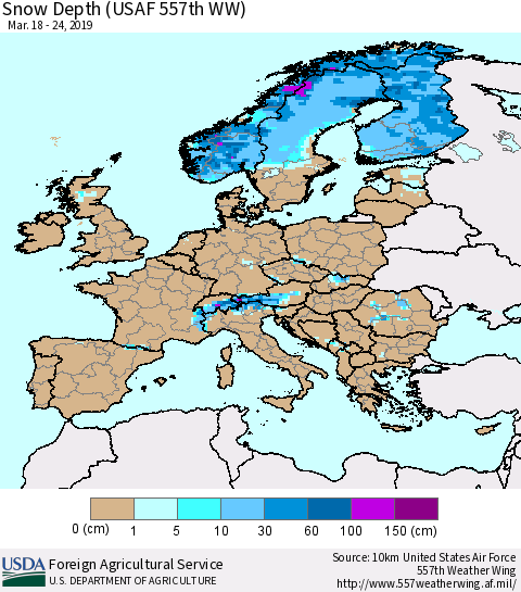 Europe Snow Depth (USAF 557th WW) Thematic Map For 3/18/2019 - 3/24/2019