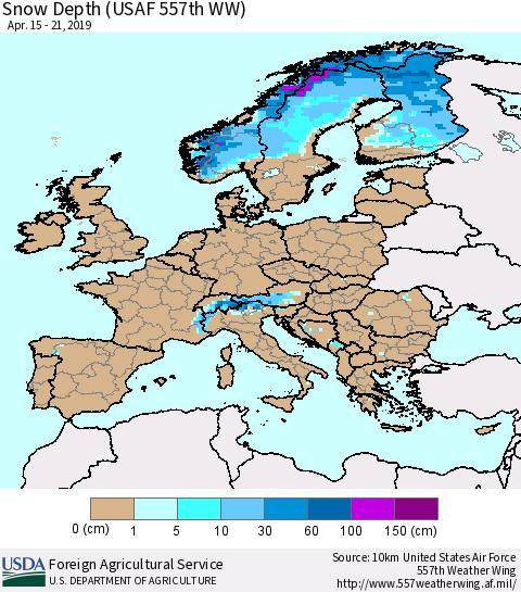 Europe Snow Depth (USAF 557th WW) Thematic Map For 4/15/2019 - 4/21/2019