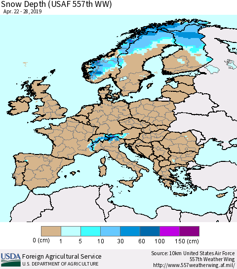 Europe Snow Depth (USAF 557th WW) Thematic Map For 4/22/2019 - 4/28/2019