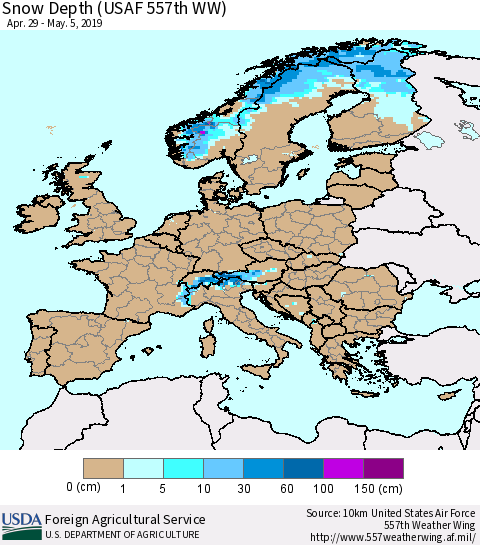 Europe Snow Depth (USAF 557th WW) Thematic Map For 4/29/2019 - 5/5/2019