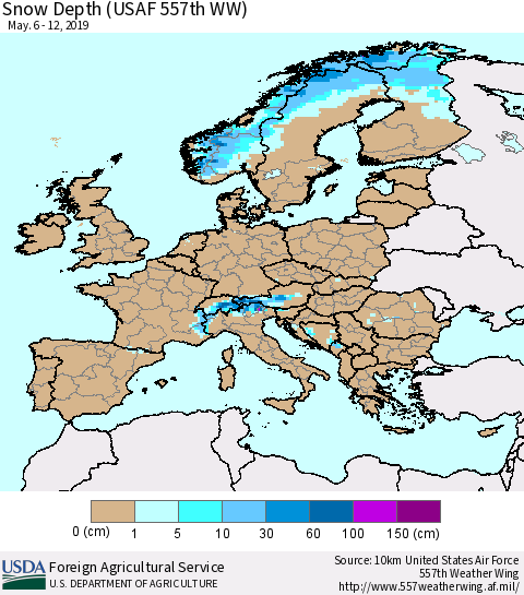 Europe Snow Depth (USAF 557th WW) Thematic Map For 5/6/2019 - 5/12/2019
