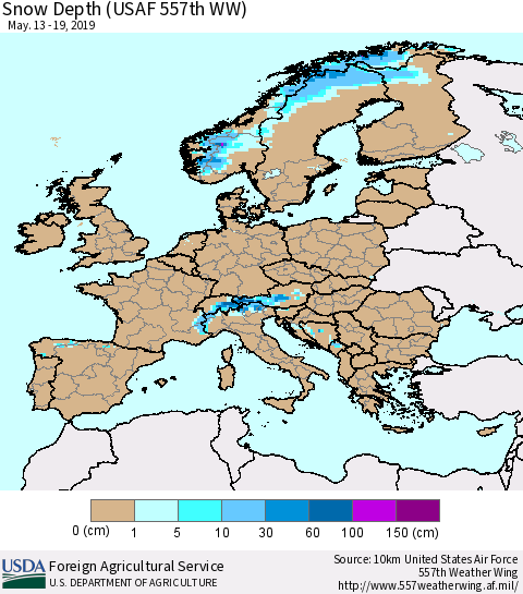 Europe Snow Depth (USAF 557th WW) Thematic Map For 5/13/2019 - 5/19/2019