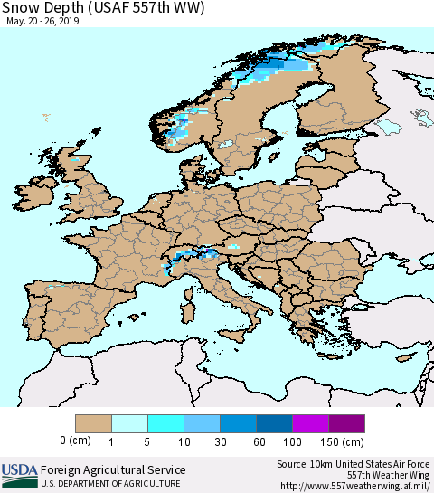 Europe Snow Depth (USAF 557th WW) Thematic Map For 5/20/2019 - 5/26/2019