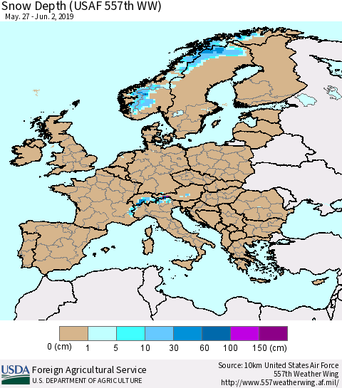 Europe Snow Depth (USAF 557th WW) Thematic Map For 5/27/2019 - 6/2/2019