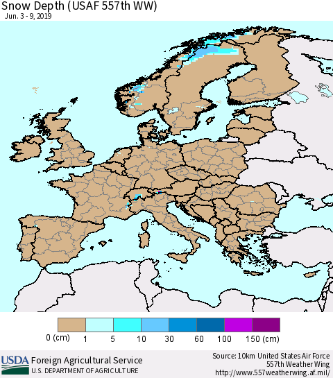 Europe Snow Depth (USAF 557th WW) Thematic Map For 6/3/2019 - 6/9/2019