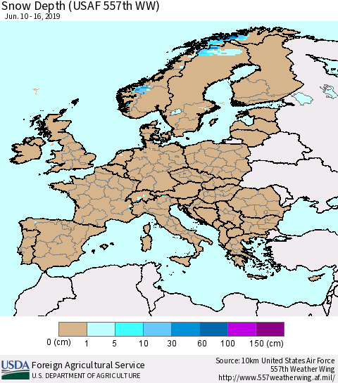 Europe Snow Depth (USAF 557th WW) Thematic Map For 6/10/2019 - 6/16/2019
