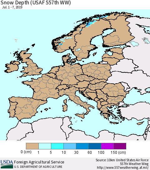 Europe Snow Depth (USAF 557th WW) Thematic Map For 7/1/2019 - 7/7/2019
