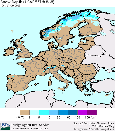 Europe Snow Depth (USAF 557th WW) Thematic Map For 10/14/2019 - 10/20/2019