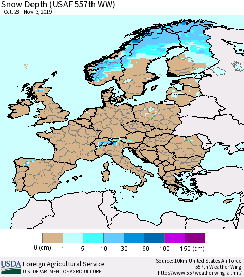 Europe Snow Depth (USAF 557th WW) Thematic Map For 10/28/2019 - 11/3/2019