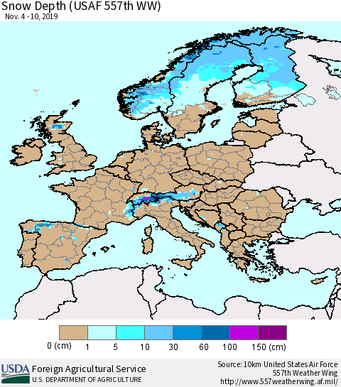 Europe Snow Depth (USAF 557th WW) Thematic Map For 11/4/2019 - 11/10/2019