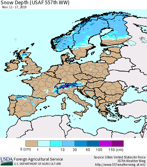 Europe Snow Depth (USAF 557th WW) Thematic Map For 11/11/2019 - 11/17/2019