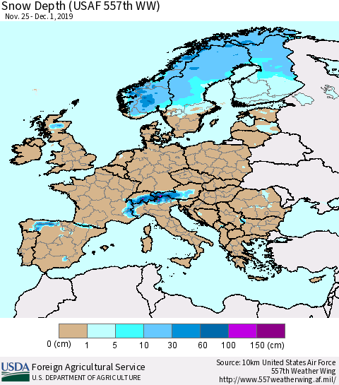 Europe Snow Depth (USAF 557th WW) Thematic Map For 11/25/2019 - 12/1/2019