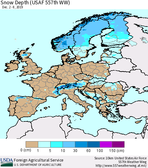 Europe Snow Depth (USAF 557th WW) Thematic Map For 12/2/2019 - 12/8/2019