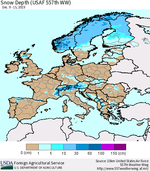 Europe Snow Depth (USAF 557th WW) Thematic Map For 12/9/2019 - 12/15/2019