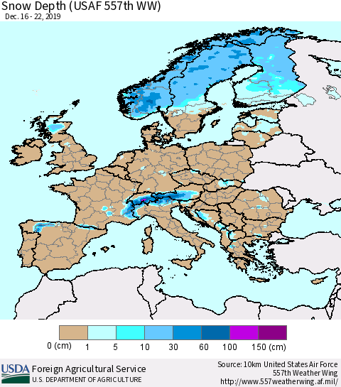 Europe Snow Depth (USAF 557th WW) Thematic Map For 12/16/2019 - 12/22/2019
