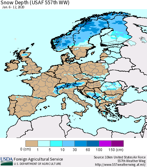Europe Snow Depth (USAF 557th WW) Thematic Map For 1/6/2020 - 1/12/2020