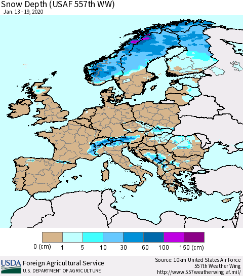 Europe Snow Depth (USAF 557th WW) Thematic Map For 1/13/2020 - 1/19/2020