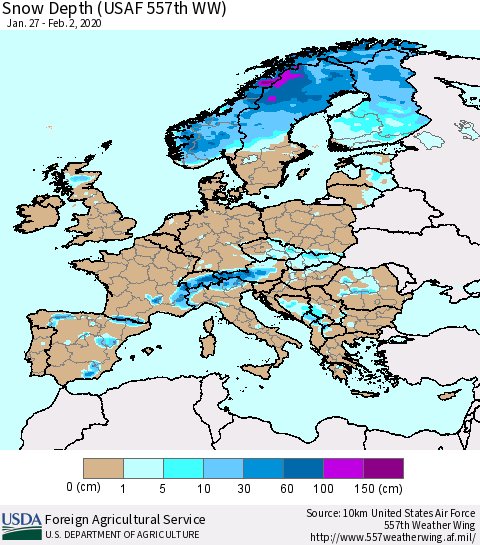 Europe Snow Depth (USAF 557th WW) Thematic Map For 1/27/2020 - 2/2/2020