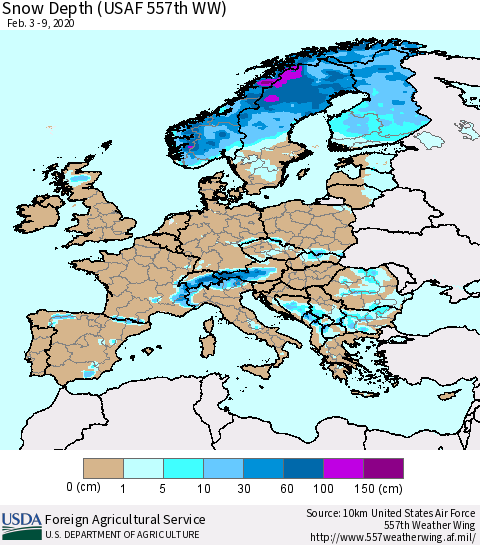 Europe Snow Depth (USAF 557th WW) Thematic Map For 2/3/2020 - 2/9/2020
