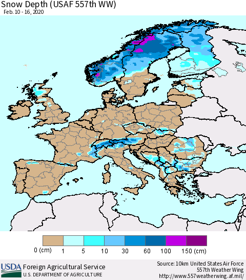 Europe Snow Depth (USAF 557th WW) Thematic Map For 2/10/2020 - 2/16/2020