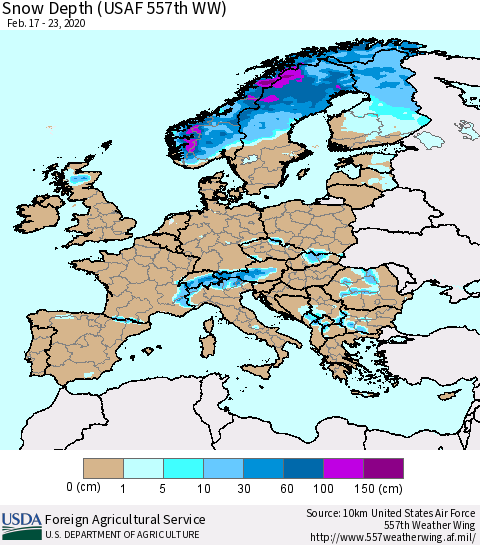 Europe Snow Depth (USAF 557th WW) Thematic Map For 2/17/2020 - 2/23/2020