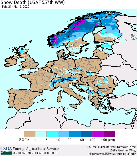 Europe Snow Depth (USAF 557th WW) Thematic Map For 2/24/2020 - 3/1/2020