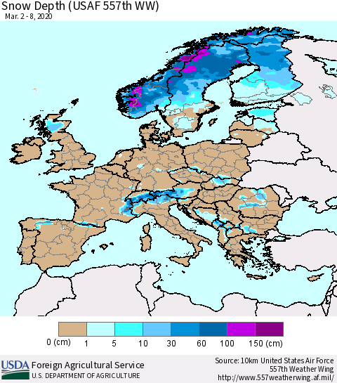 Europe Snow Depth (USAF 557th WW) Thematic Map For 3/2/2020 - 3/8/2020