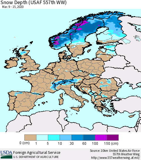 Europe Snow Depth (USAF 557th WW) Thematic Map For 3/9/2020 - 3/15/2020