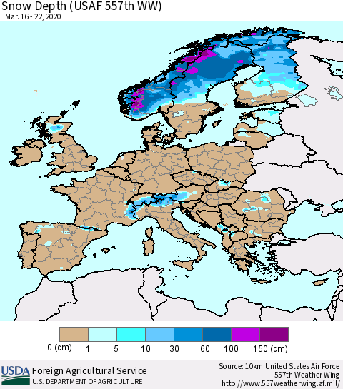 Europe Snow Depth (USAF 557th WW) Thematic Map For 3/16/2020 - 3/22/2020