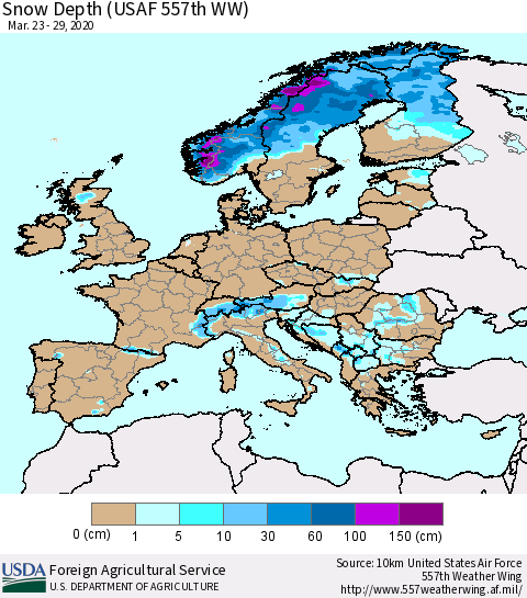 Europe Snow Depth (USAF 557th WW) Thematic Map For 3/23/2020 - 3/29/2020