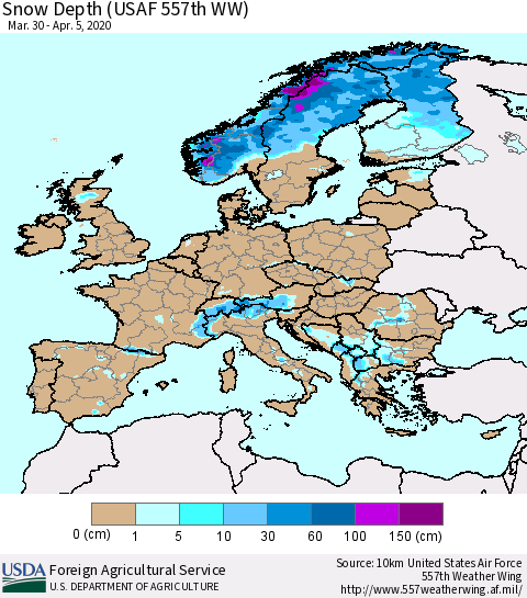 Europe Snow Depth (USAF 557th WW) Thematic Map For 3/30/2020 - 4/5/2020