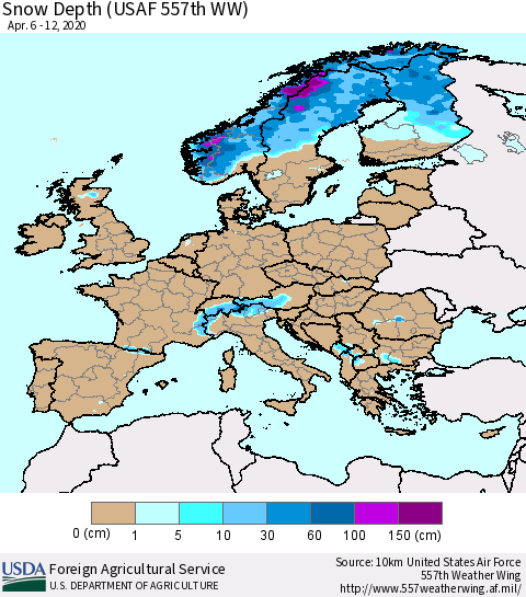 Europe Snow Depth (USAF 557th WW) Thematic Map For 4/6/2020 - 4/12/2020
