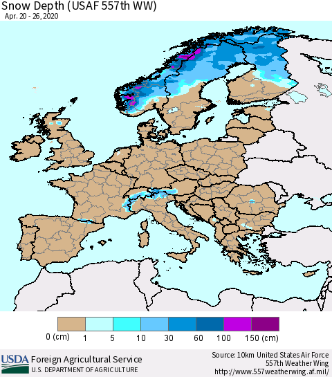 Europe Snow Depth (USAF 557th WW) Thematic Map For 4/20/2020 - 4/26/2020