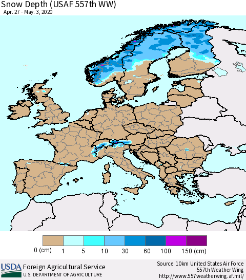 Europe Snow Depth (USAF 557th WW) Thematic Map For 4/27/2020 - 5/3/2020
