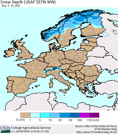 Europe Snow Depth (USAF 557th WW) Thematic Map For 5/4/2020 - 5/10/2020
