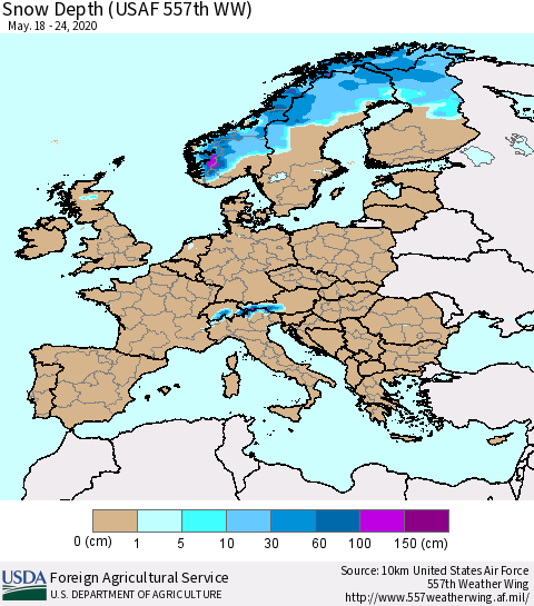 Europe Snow Depth (USAF 557th WW) Thematic Map For 5/18/2020 - 5/24/2020